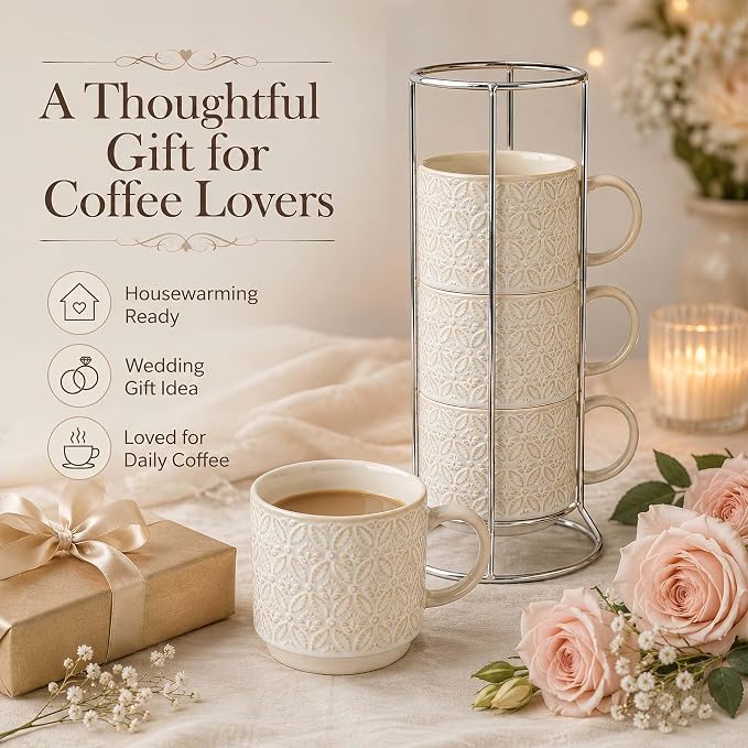 6 Oz Coffee Mugs with Stand, Stackable Ceramic Espresso Cups Set of 4, Embossed Coffee Cups Sets, Porcelain Cappuccino for Latte, Cocoa, Mocha, Tea, Dishwasher Safe, Vintage White - Image 8