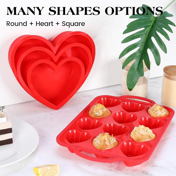 2 Pcs Heart Shaped Muffin Pan with Metal Reinforced Frame 12 Cup Nonstick Silicone Heart Cake Mold for Baking 2.5 Inch Cupcake Tray (Red) - Image 5