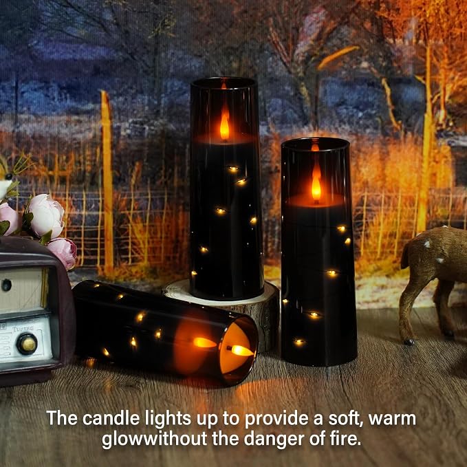 Flameless Candles,with Embedded Star String, Battery Operated Candles Flickering LED Pillar Candles with Remote Control and Timer, Home Decoration Add a Warm and Romantic Atmosphere，Set of 7 (Black) - Image 5