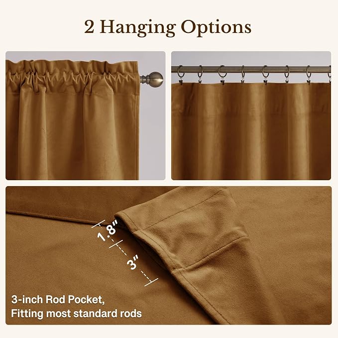 Velvet Window Valance 52x18 Inch 4-Panel Set | Soft Wavy Gold Brown Kitchen Curtains for Windows, Luxury Fabric Aesthetic Window Treatment for Bay Window, Living Room - Image 4