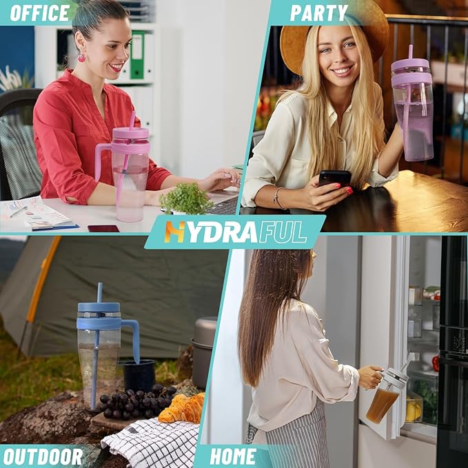 Hydraful 50 oz Tritan Plastic Tumbler with Lid and Straw and Handle - 100% Leak-Proof - Perfect for Iced Coffee, Smoothies, and Juice - Wide Mouth Reusable Water Bottle with Time Marker