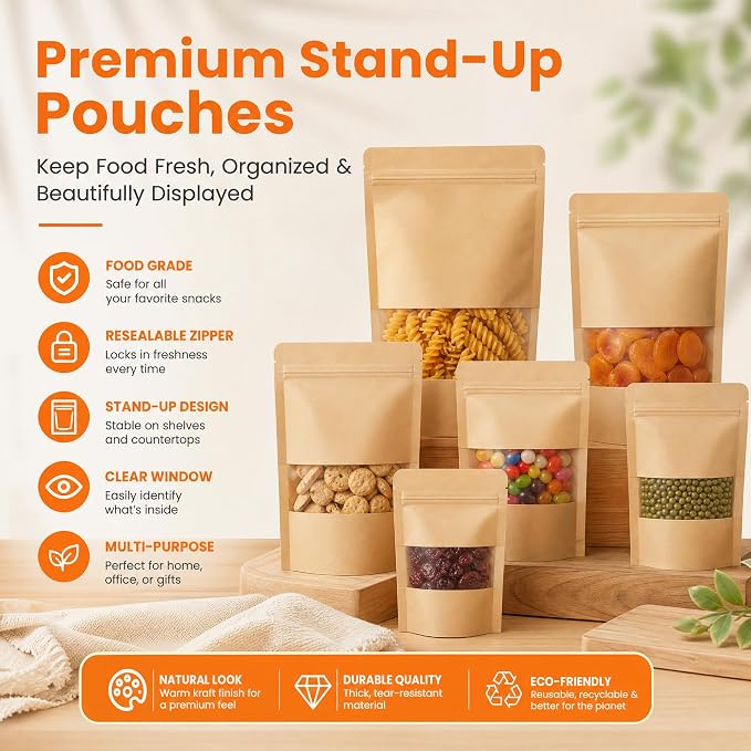 100 Pcs Kraft Paper Bags with Window, 7.1" x 10.2" Stand Up Pouches Bags, Food Storage Bags for Packaging Products, Reusable, Sealable - Image 7
