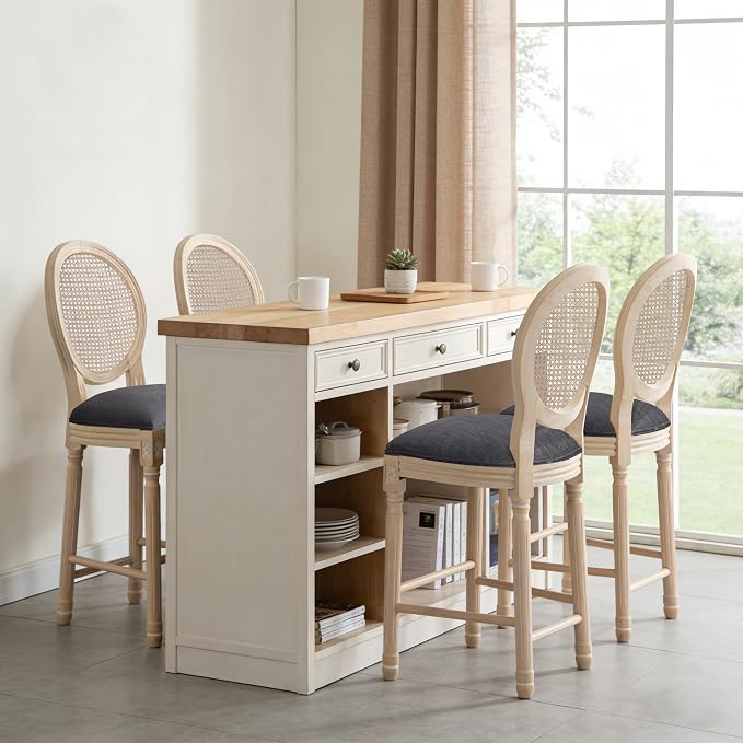 French Country Barstool, Linen Farmhouse Counter Height Chair | Set of 4, with Rattan Round Back and Solid Wood Legs, Oval Chairs for Restaurant, Bar, Kitchen, Café, Dark Grey - Image 2