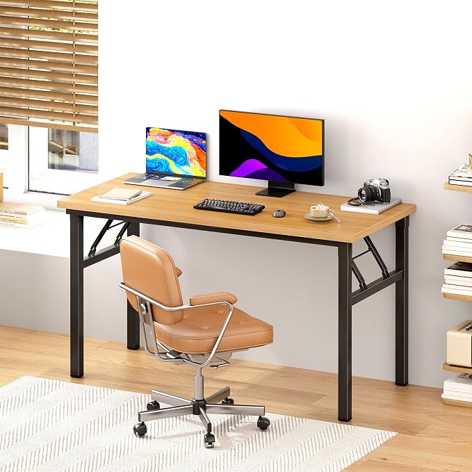 DlandHome 47 Inch Folding Computer Desk, Fully Assembled, Teak Black | Foldable Writing Table, Portable Activity Conference Table for Home Office, Wood Top Metal Frame, Collapsible Easy Storage - Image 2