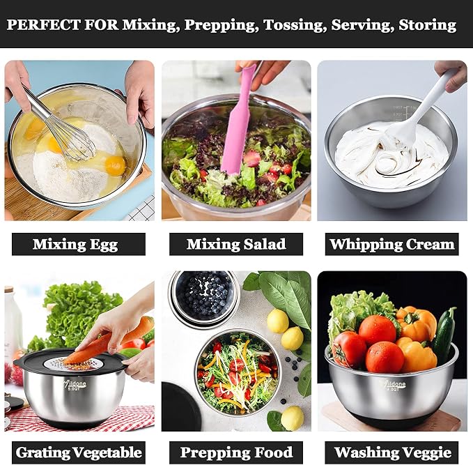 Wildone Mixing Bowls with Airtight Lids, Stainless Steel Mixing Bowls Set | Metal Bowls with 3 Grater Attachments & Non-Slip Bottoms, Size 5, 4, 3, 2,1.5, 0.63QT, Includes Utensil Set for Prep, Black - Image 4