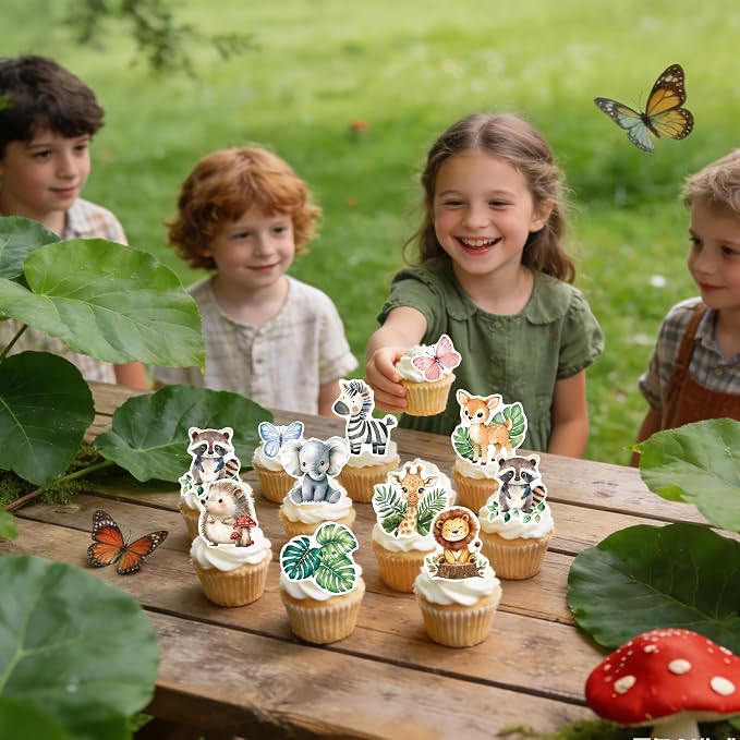 60Pcs Edible Jungle Safari Animal Cupcake Toppers Wafer Paper Green Leaf Woodland Animal Cupcake Kids Baby Shower Birthday Party Decoration Supplies - Image 3