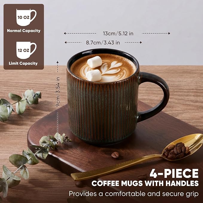 E-far Coffee Mugs Set of 4, 12 oz Stoneware Coffee Cups with Handle for Latte, Tea, Cocoa, Milk, Modern Ribbed Ceramic Mugs for Man Woman, Microwave & Dishwasher Safe, Blackish Green - Image 2