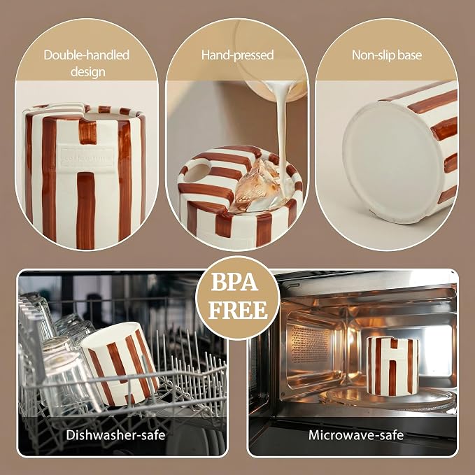 Cute Ceramic Espresso Coffee Mug with Sip Hole,10oz Novelty Retro Hand-Painted Porcelain Travel Cup,Brown & White Striped Art Design,for Hot & Cold Drinks,Gift for Iced Latte Matcha Lover - Image 4
