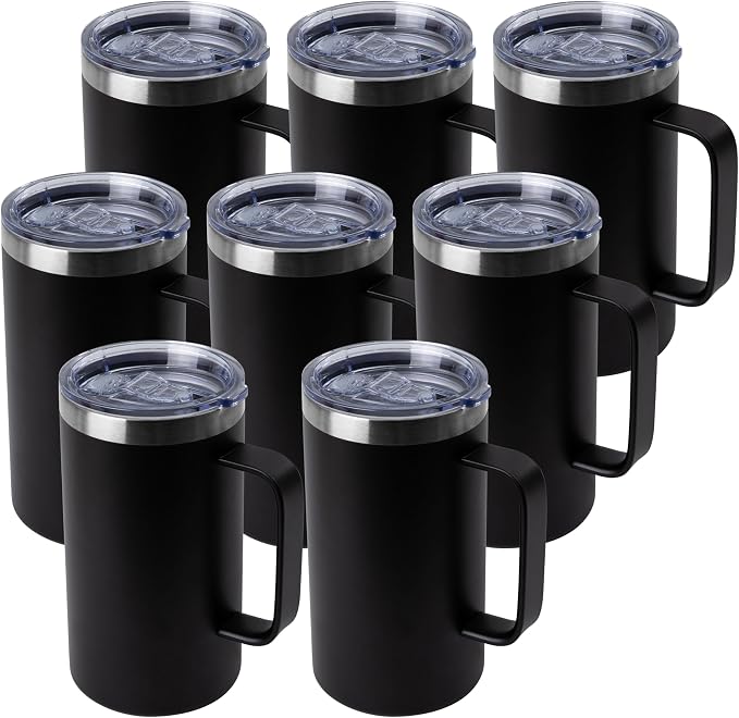 DOMICARE 24oz Mug with Handle and Lid, Stainless Steel Coffee Mug, Travel Mug with Handle, Double Wall Vacuum Coffee Tumbler, Reusable Insulated Cup, Black, Pack 8 by VisittheDOMICARE