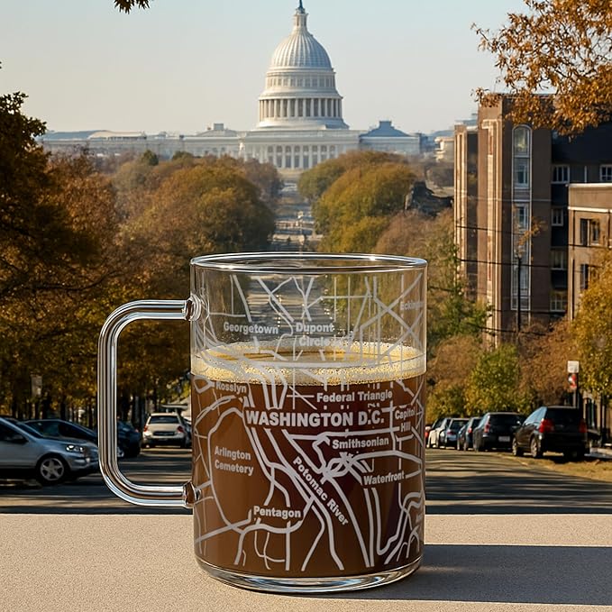 Greenline Goods – Washington, DC Map Glass Coffee Mugs (Set of 2), 16 oz – Etched Wrap Design
