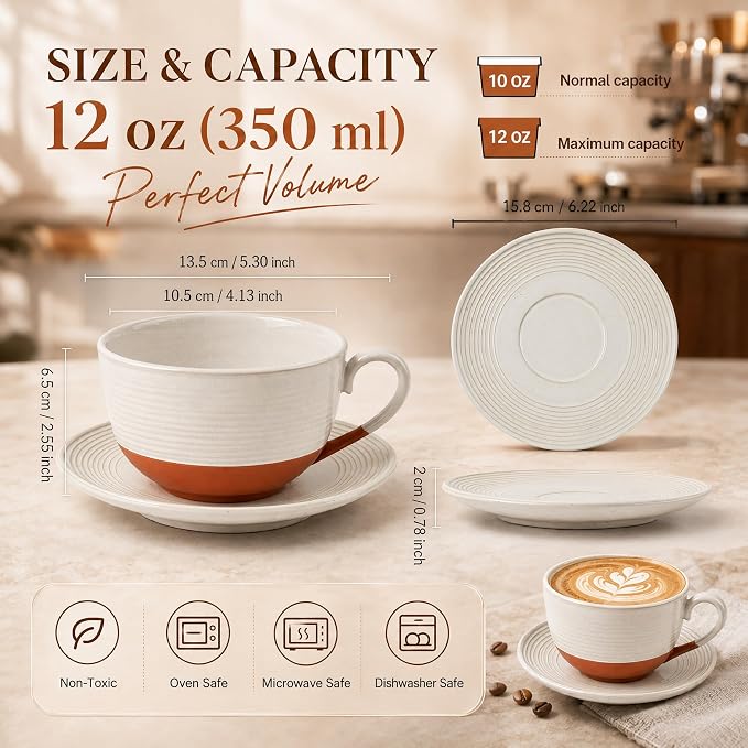 12 Oz Cappuccino Cups with Saucers, Coffee Cups Set of 4, Ceramic Tea Cup and Saucers, Wide Mouth Coffee Mugs for Latte Art, Cappuccino, Espresso & Cafe Drinks, Microwave Dishwasher Safe - Image 3
