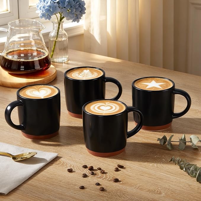 E-far Ceramic Coffee Mug Set of 4, 12oz Stoneware Coffee Cup with Handle, Porcelain Tea Cups, Modern Farmhouse Latte Mug Gift Set for Women & Men, Microwave Safe, Matte Black - Image 4