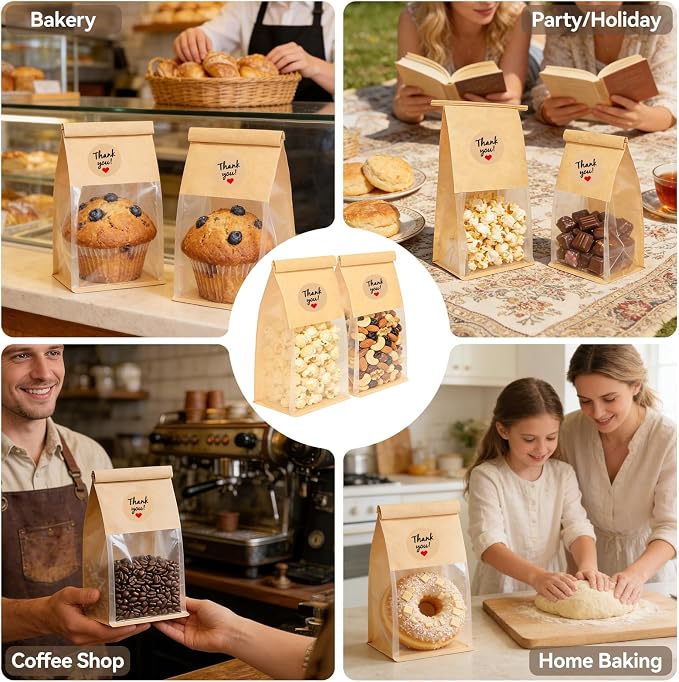 30 Pcs Cookie Bags with Seal & Tin Tie Lock, 8.2x3.9x3.1 Inch Bread Bags with Clear Window Resealable Bagel Bags for Cookies, Muffins, Candies, Snacks – 36 Stickers Included - Image 7