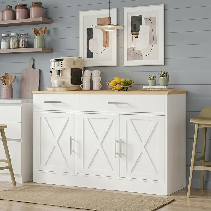 Vongrasig Buffet Cabinet with Storage, 43” Farmhouse Coffee Bar Cabinet with 3 Doors, Wood Buffet Table for Kitchen Dining Room Living Room, Off White by Vongrasig