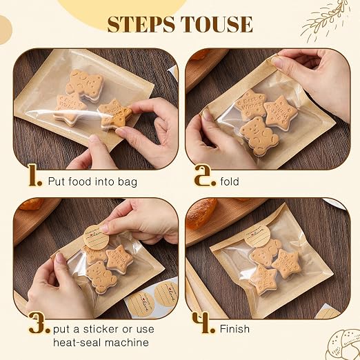 Outus 100 Pcs Cookie Packaging Bags with Seal, 4 x 4 Inch Bakery Pastry Bags with Window, Heat Sealable Grease Resistant Paper to Go Bake Sleeves for Gift Giving Donut Bread Sandwich (Brown) - Image 4