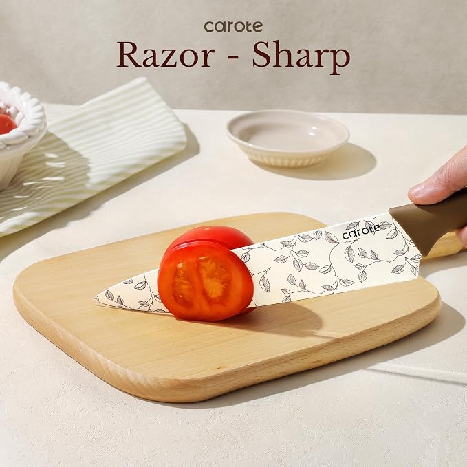 CAROTE 12PCS Knife Set, Kitchen Knife Set with 6 Blade Guards, Stainless Steel Knives Set With Nonstick Ceramic Coating, Rustproof, Delicate Floral Designs, White (Pack of 2) - Image 3