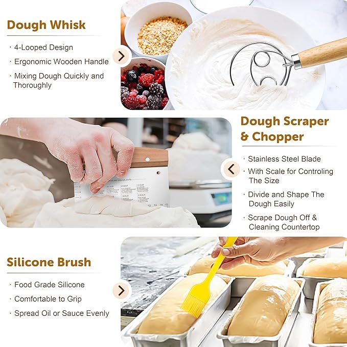 TeamFar Sourdough Bread Baking Supplies, 9” Round & 10” Oval Bread Proofing Basket Set with Liner, Sourdough Starter Kit for Bread Making, Bread Lame/Whisk/Dough Scraper/Basting Brush