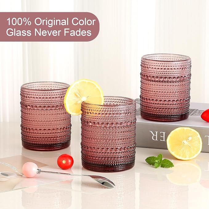 ZMOWIPDL Drinking Glasses Set of 6,12oz Purple Hobnail Glass Cups | Vintage Glassware，Embossed Water Tumbler,for Beer,Cocktail,Whiskey,Juice and Various Mixed Drinks- 1 Cleaning Brush - Image 3