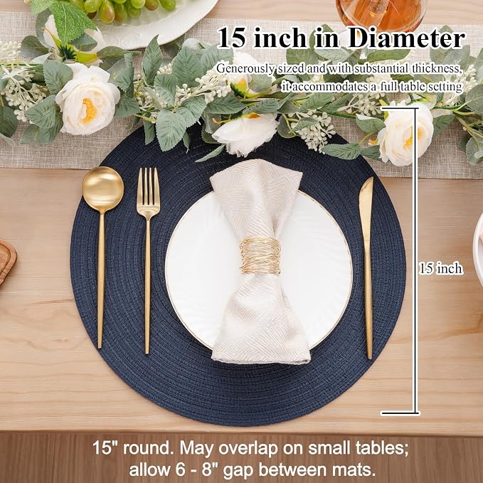 SHACOS 15 inch Round Placemats Set of 12 for Dining Table Braided Circle Place Mats Kitchen Table Placemat Washable Table Mats, Navy Blue - Image 6
