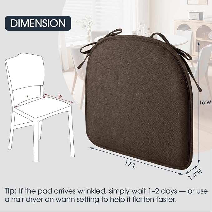 TushGuard Chair Cushions, 4 Pack Memory Foam Chair Pads, Brown | Dining Chair Pads with Fixed Straps, Thin Seat Cushion, Anti-Slip Kitchen Chair Cushion Set - Image 5