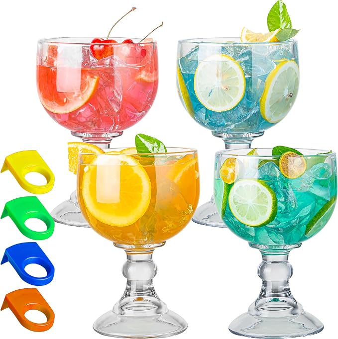 Schooner Beer Glasses 21.5 Oz Set of 4, Extra Large Margarita Glass With 4 Color Clips, Shrimp Cocktail Goblet, Large Stemmed Glasses With Thick Bottom, Crystal Clear Bar Glassware by wookgreat