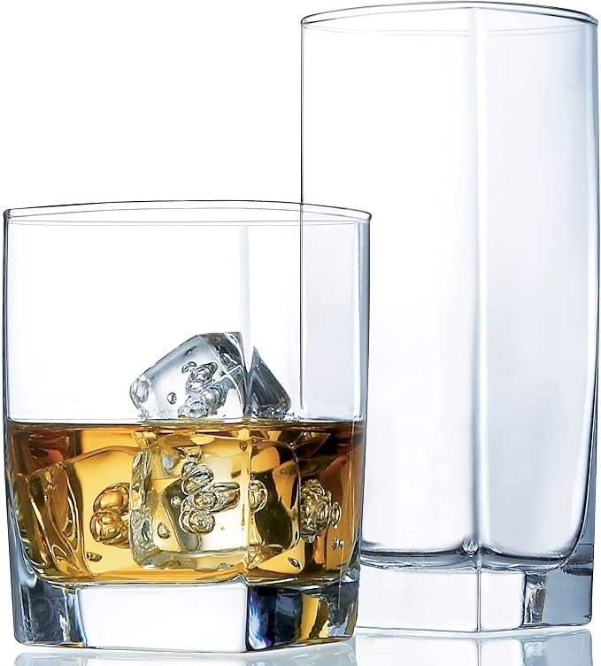 Le'raze Collins Everyday Drinking Glasses Set of 16 Drinkware Kitchen Glasses for Cocktail, Iced Coffee, Beer, Ice Tea, Wine, Whiskey, Water, 8 Tall Highball Glass Cups & 8 Short Old Fashioned. by LERAZE