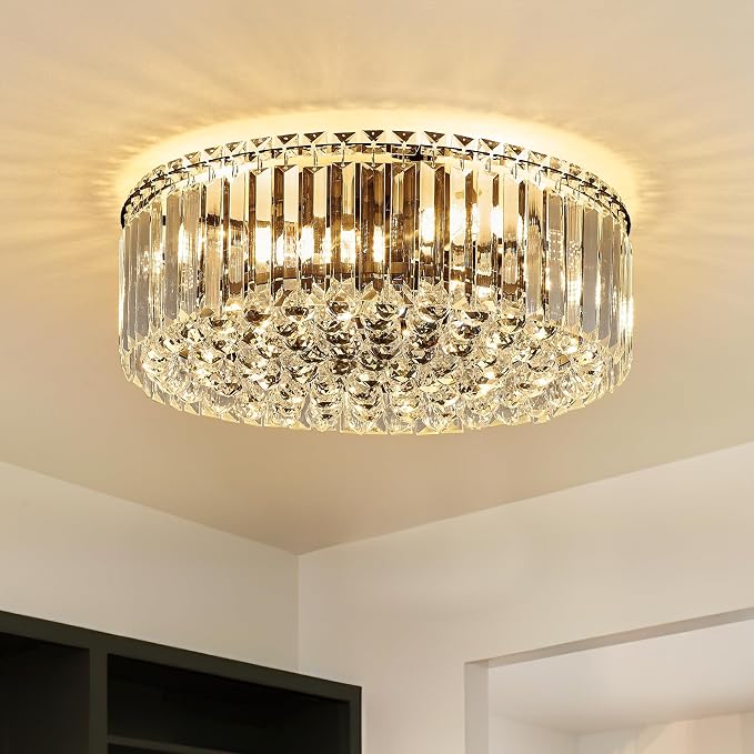 17.3" Black K9 Crystal Raindrop Flush Mount Ceiling Light, Modern Chandelier, Round Luxury Light Fixture for Dining Room, Bedroom, Hallway, Kitchen Island & Living Room by Faibra