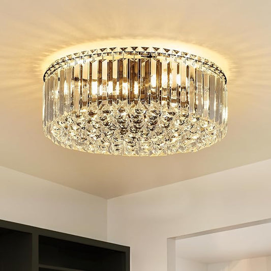 17.3" Black K9 Crystal Raindrop Flush Mount Ceiling Light, Modern Chandelier, Round Luxury Light Fixture for Dining Room, Bedroom, Hallway, Kitchen Island & Living Room by Faibra