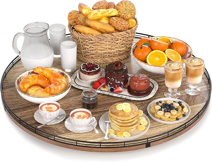 24 Inch Lazy Susan Turntable, Heavy Duty Acacia Wood Round Tray for Kitchen | Easy 360 Degree Spin; Raised Iron Rim; 3 Anti Slip Pads; No Assembly; Farmhouse Decor; Pantry, Cabinet, Gift Box by HGF