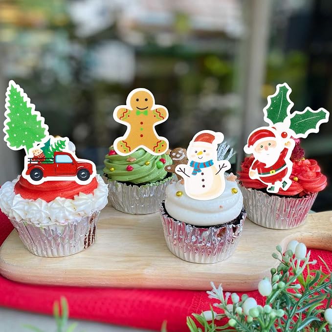 42PCS Edible Christmas Cupcake Toppers - Wafer Paper Santa Claus、Tree、Snowman、Gingerbread Man、Picks Merry Christmas Theme Holiday Baby Shower Birthday Party Cake Decorations Supplies - Image 6