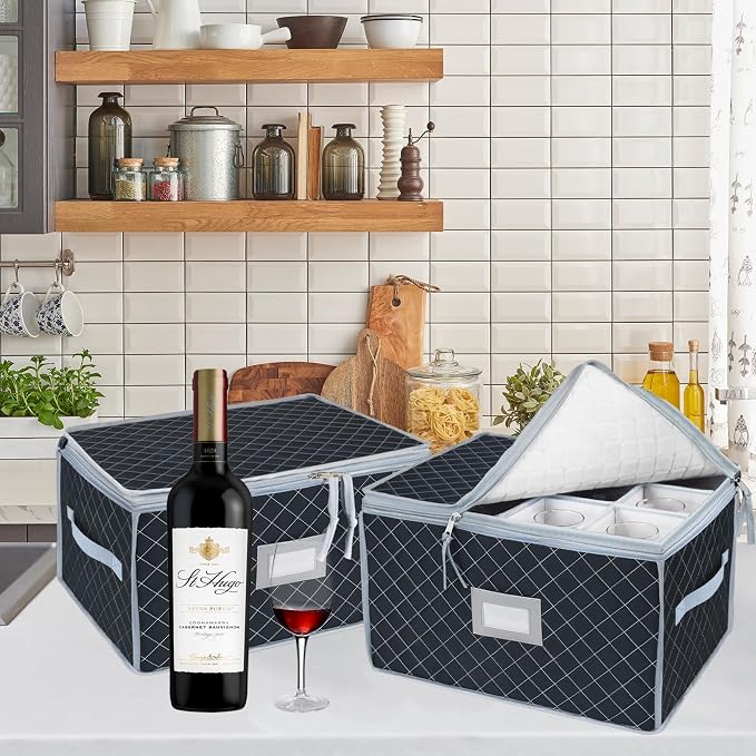 Wine Glass Storage Box with Dividers Holds 24 Stemware Storage Cases or China Crystal Glassware Containers with Handles and Lable Window (15.5" x 12.5"x10")-Set of 2 Grey - Image 2