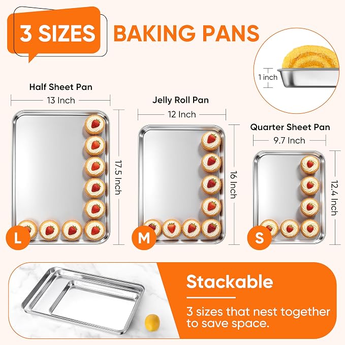 LIANYU Baking Sheet Pans, Half Sheet/Jelly Roll/Quarter Sheet, 3 Pack | Stainless Steel Cookie Sheet for Baking, 17.5/16/12.4 Inch Metal Tray, Heavy Duty, Dishwasher Safe, Non Toxic - Image 2