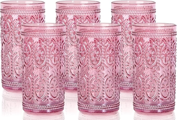 Darlion Vintage Glassware, Pink Glasses Drinking, 12oz Highball Glasses | Lead-Free Glass, Food Grade Glass, Durable&Sturdy, Vintage Decoration by PurchaseNow