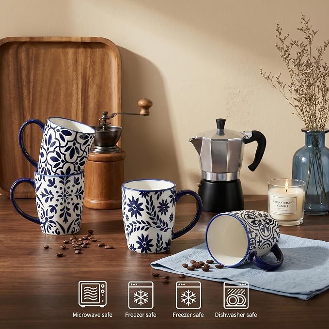 glowworm Coffee Mugs, 16 Ounce Ceramic Coffee Cups Set of 4, Blue & White | Large Latte Cups with Handle for Tea, Mocha, Milk, Perfect for Family Kitchen & Holiday Gifts, Dishwasher & Microwave Safe - Image 4