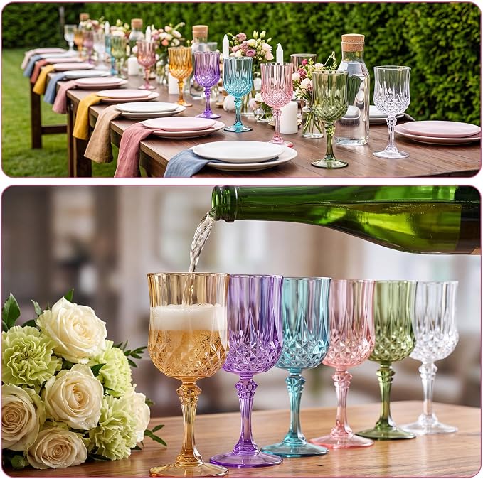 Sliner Multicolor 7oz Plastic Vintage Wine Glasses Drinking Goblets Unbreakable Crystal Water Glassware Reusable Diamond Champagne Flutes Cups for Wedding Banquet Birthday Party Supplies (48 Pcs) - Image 4