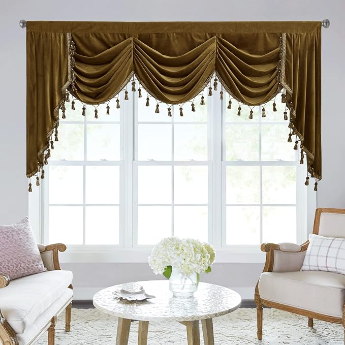 Extra Wide Gold Brown Valance Curtain W79 inches, 1 Panel | Luxury Super Soft Velvet Fabric, Victorian Waterfall Curtains, Room Darkening Window Treatment for Autumn Decor by StangH