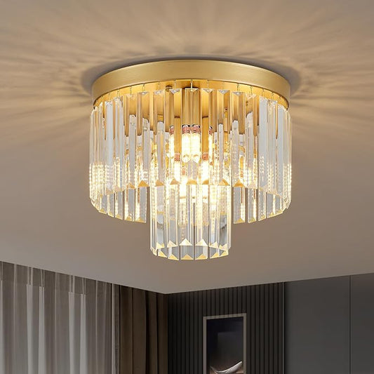 12.6" 4 Light Gold Crystal Ceiling Light for Dining Room | K9 Crystal, Stainless Steel, 2 Tier, E12 Base, Flush Mount, for Kitchen Island Living Room Bedroom Entryway by Faibra