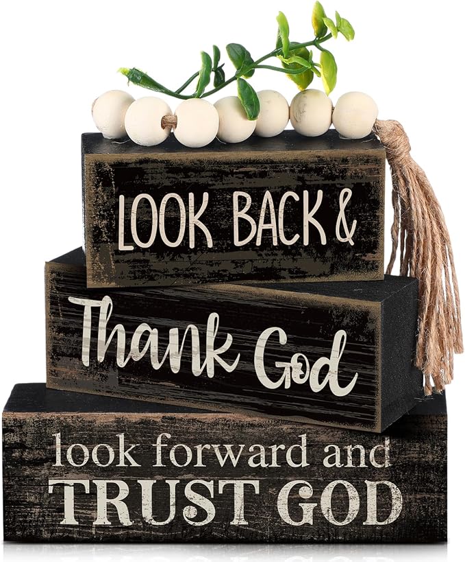 Moucuny 4 Pcs Farmhouse Table Decor Inspirational Wooden Signs Rustic Eucalyptus Leaves Wooden Block Sign Gift Thank and Trust God Farmhouse Table Centerpiece for Living Room Housewarming Gift by Moucuny