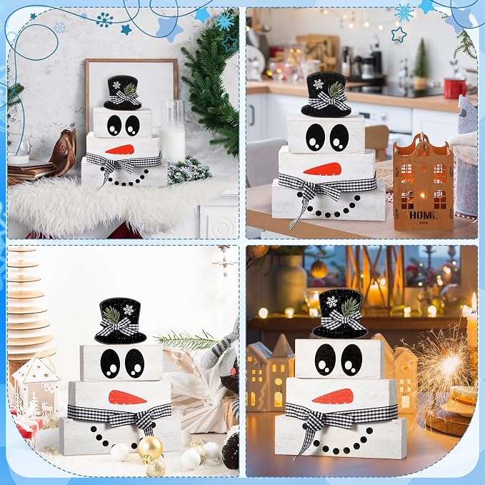 Moucuny 4 Pcs Winter Table Decoration Wooden Snowman Decor Black and White Winter Tiered Tray Decor Rustic Snowman Face Wood Block Sign Gift Christmas Centerpiece Farmhouse for Wonderland Home - Image 6