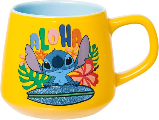 Silver Buffalo Disney Lilo and Stitch Surfboard Aloha, Ceramic Mug, 18oz | Glitter Finish, Tapered Pottery, 0.53 Liters by SilverBuffalo