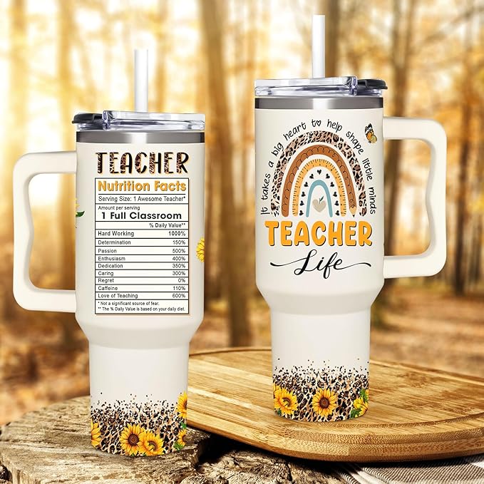 Teacher Appreciation Sunflower Tumbler 40Oz With Handle - Christmas and Graduation Gifts for Women, Thank You From Students