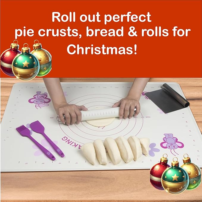 Silicone Baking Mat Gift Set – XL Non-Stick Pastry Mat with Rolling Pin, Dough Scraper, Spatula & Brush | Perfect Christmas Baking Kit for Cookies, Pies & Holiday Treats | Gift-Ready Box