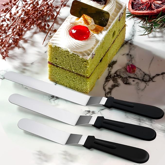 3 Black 6 8 & 10 Inch Stainless Steel Icing Spatulas - Offset Spatula for Cake, Butter, and Cake Flour - Durable Metal Spatula for Baking Enthusiasts, Use for Home, Kitchen or Bakery