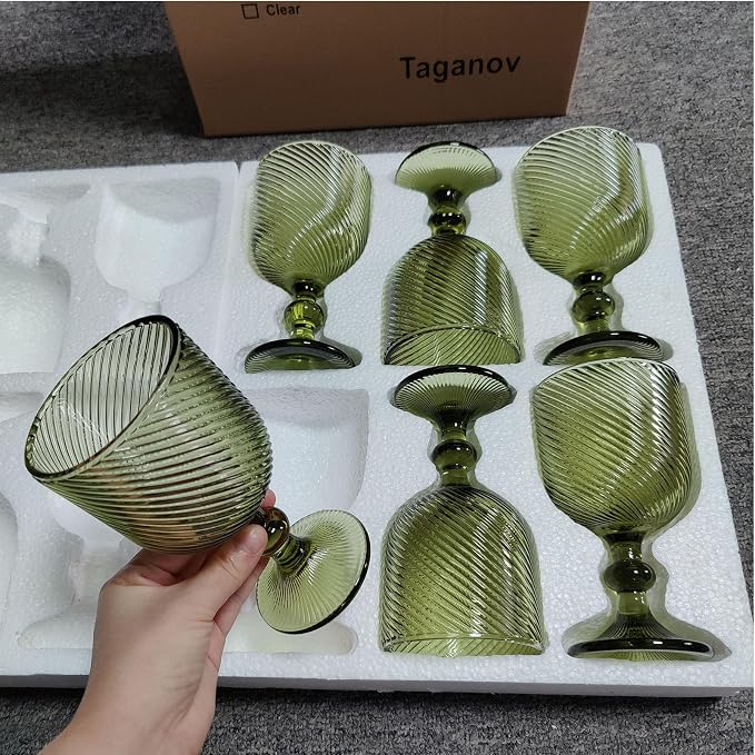 Taganov Green Glasses Drinking Wine Water Goblets Glassware set of 6 Vintage Stem Glasses Stemware 12 Ounces for Wedding Party Bar Twill Pattern Striped 350 ml - Image 3
