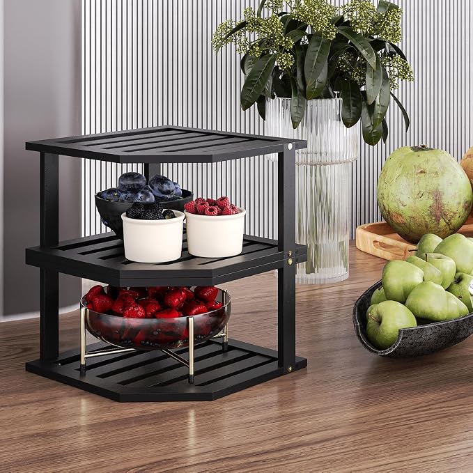 VERTORGAN 2 Tier Bamboo Dish Drying Rack,Corner Shelf 2 Pack(Black) | Pantry Storage,Dish Rack,Spice Rack,Corner Organizer,Kitchen Counter Shelves,Kitchen Storage,Holds Plates - Image 5