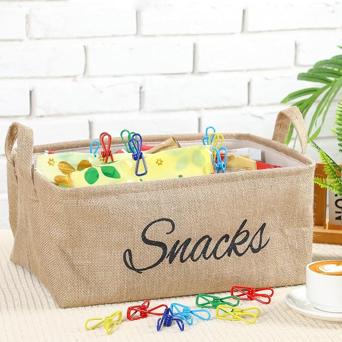 17 Pcs Snack Basket Sets, Snack Storage Bin for Pantry Shelves with 16 Pcs 2 Inch Chip Clips, Basket Organizer for Kitchen Home, Chips, Popcorn, Candy, Pretzels(Burlap,Khaki) - Image 3
