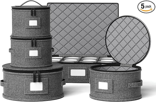 China Storage Containers Hard Shell Box for Moving Dishes, Plate, Wine and Glasses, Dinnerware, Mugs, Saucers Quilted Organizer Dividers for Packing Fine China Storage Containers 5Piece Grey by YEARNINGHOME