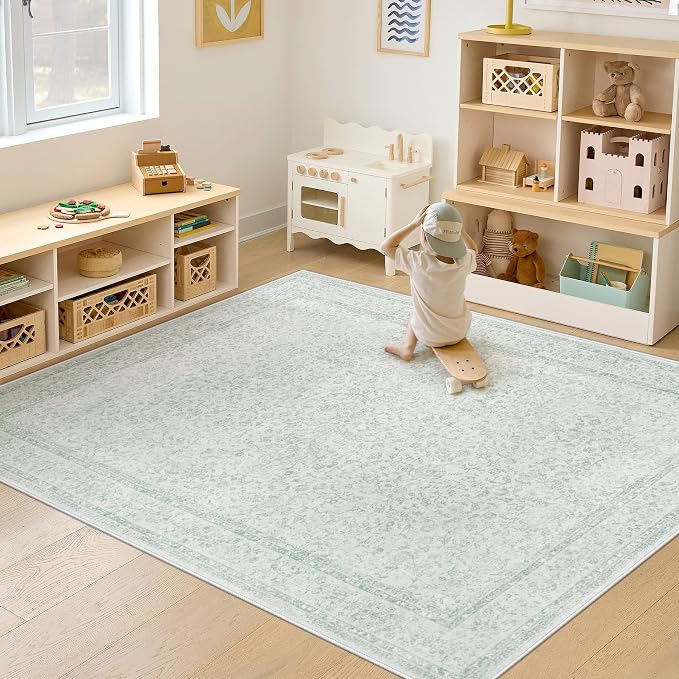 6x9 Area Rugs for Living Room: Washable Vintage Floral Rug Low Pile Non-Slip Boho Carpet for Nursery Bedroom Dining Room (Green, 6'x9') - Image 2