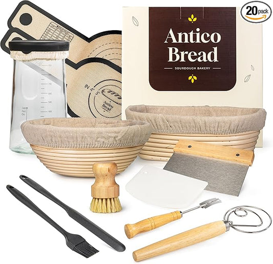 Complete Sourdough Starter Kit for Beginners – Sourdough Bread Kit with Banneton Bread Proofing Baskets & Bowls - Artisan Bread Making Kit with Starter Jar, Lame, Whisk - Full Baking Supplies Set
