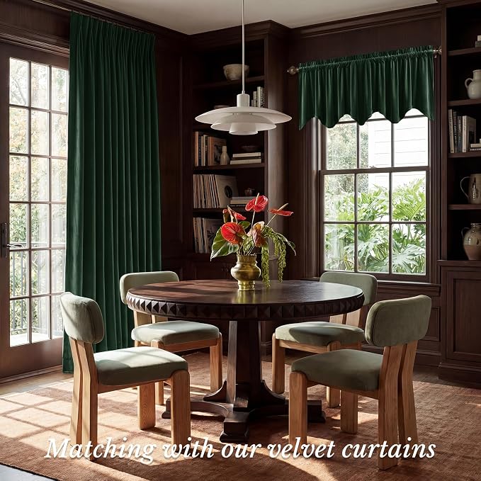 Velvet Window Valance 52x18 Inch 4-Panel Set | Soft Wavy Dark Green Kitchen Curtains for Windows, Luxury Fabric Aesthetic Window Treatment for Bay Window, Living Room - Image 2